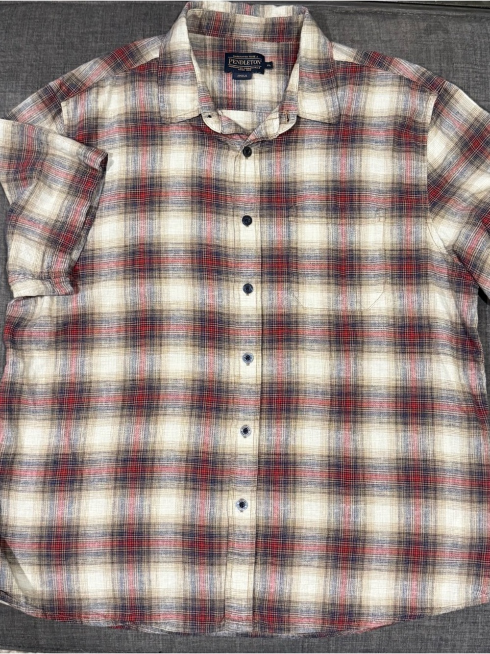 Pendleton Men’s Red, Cream & Gray Plaid Linen Blend Button-Down Shirt